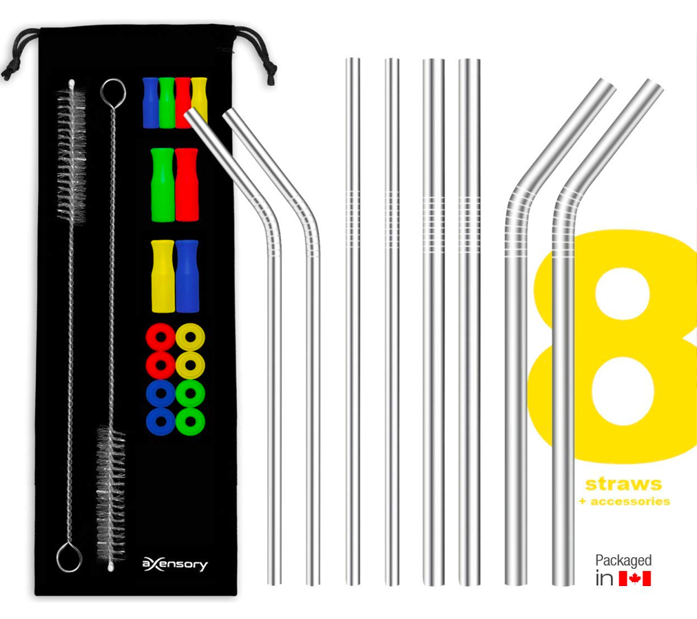 Axensory Set of 8 Metal Straws. (8, (4) 6 mm & (4) 9.5mm)